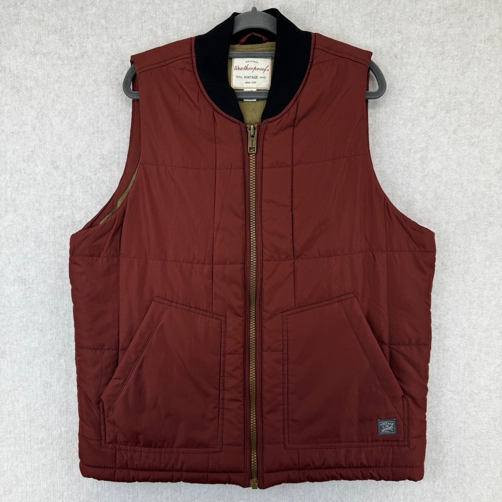 Weatherproof Vintage Mens Quilted Puffer Vest Burgundy Red Fleece Lined Large
